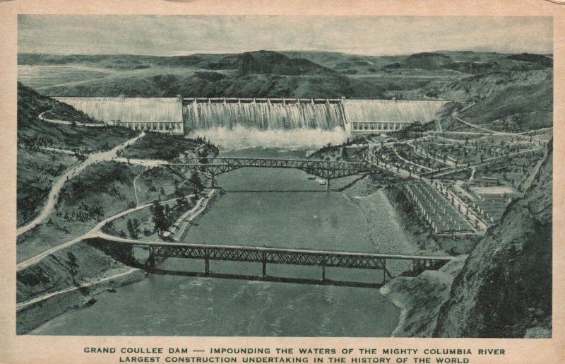 Vintage Postcard Grand Coulee Dam Waters Of Mighty Columbia River Washington WA