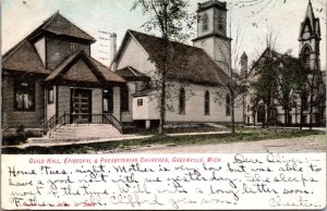 Postcard Guild Hall, Episcopal & Presbyterian Churches in Greenville, Michigan