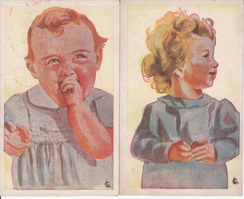 Artist signed vintage postcards children caricatures boy & girl