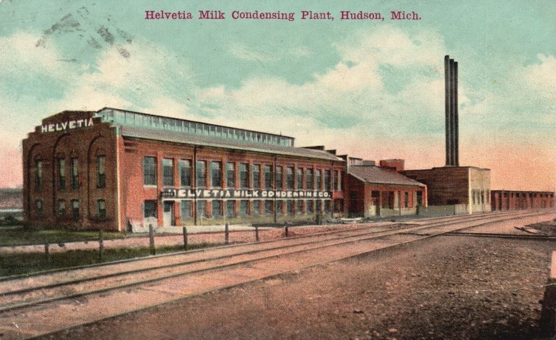 Vintage Postcard 1910's Helvetia Milk Condensing Plant Building Hudson Michigan