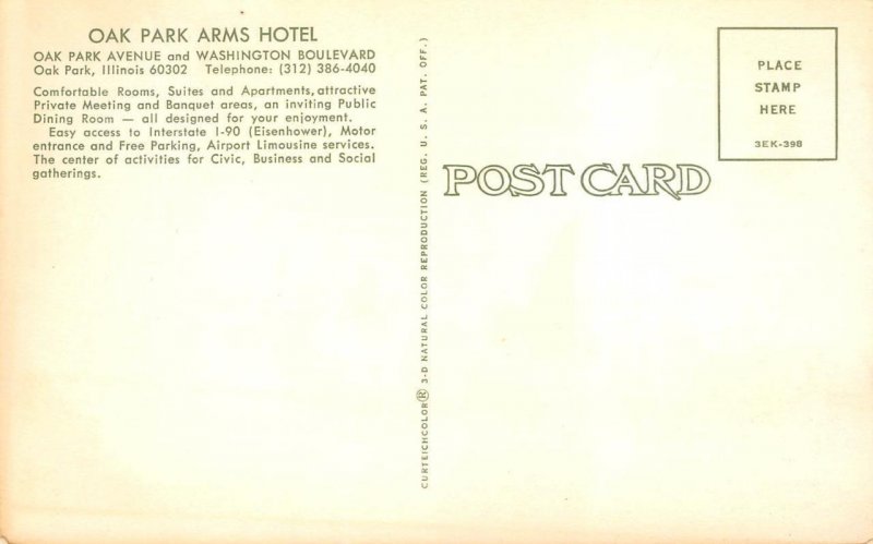 OAK PARK ARMS HOTEL Illinois Mid-Century Modern TV 1960s Vintage Postcard