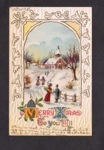 Merry Christmas To You All Greetings Church Winter Scene Embossed Postcard