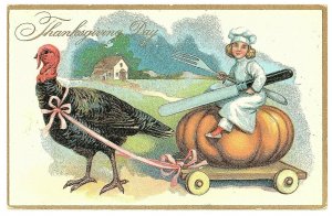 Turkey Pulling Pumpkin Chariot-Happy Thanksgiving Postcard Early 1900’s