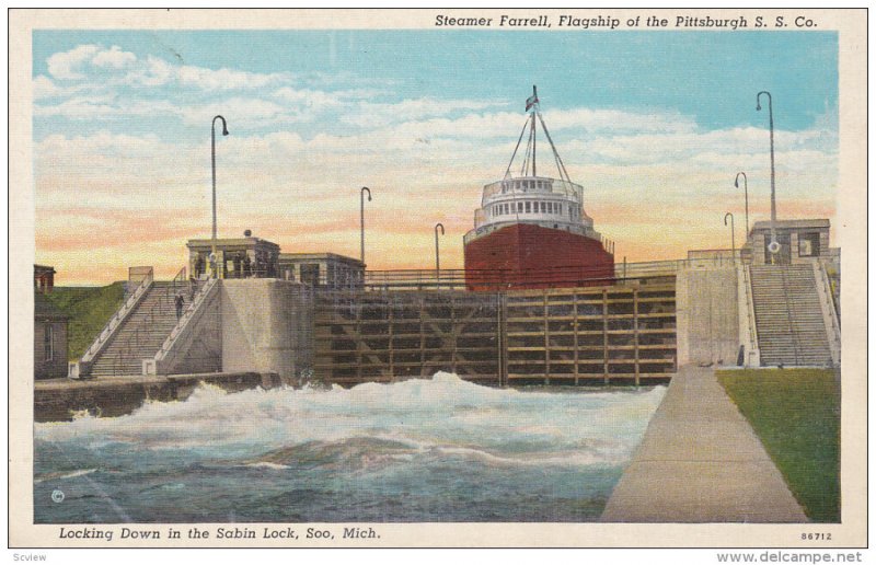 SOO, Michigan, PU-1939; Looking Down in the Sabin Lock, Steamer Farrell, Flag...