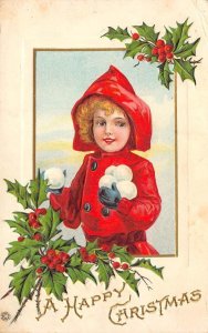 A HAPPY CHRISTMAS Snowball Fight Girl Holly 1917 Greetings Embossed Vintage