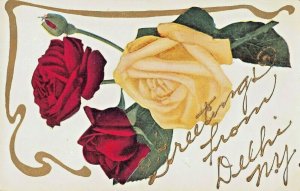 DELHI NEW YORK~GREETINGS FROM-RED & WHITE ROSES POSTCARD