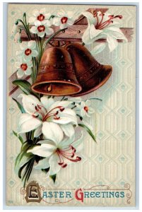 1911 Easter Greetings Ringing Bells Lily Flowers Embossed Antique Postcard 