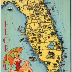 1938 Come to Florida Map Greetings Linen Miami Woman FL Fla. Curteich Teich A207