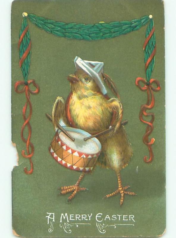 Pre-Linen easter HUMANIZED CHICK WEARS HAT AND PLAYS DRUM k2186