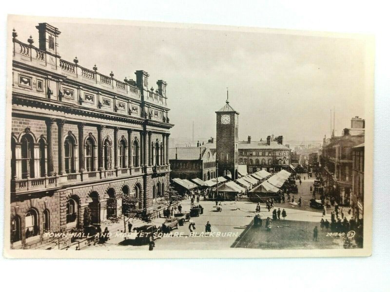 Vintage Postcard Town Hall and Market Square Black Burn Street Scene