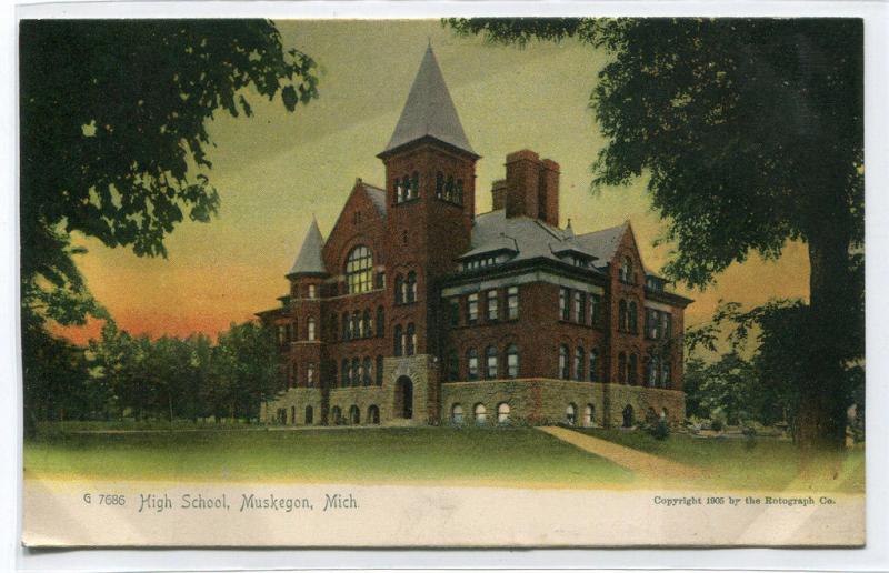 High School Muskegon Michigan 1907c Rotograph postcard