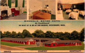 Linen Postcard Magnolia Motor Hotel Hi-Way 61 & 80 in Vicksburg, Mississippi