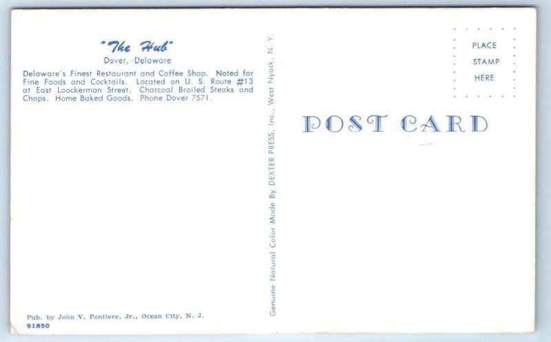 DOVER, DE Delaware ~  Roadside Interior  THE HUB RESTAURANT  c1950s Postcard