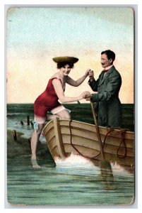 Romance Bathing Beauty Helped Onto Boat UNP DB Postcard U7