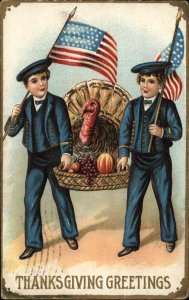 Thanksgiving Patriotic Boys with American Flags and Turkey c1910 Postcard