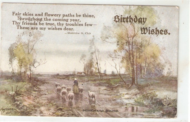 Shepherdess with flock. Homeward bound  Vintage English Birthday Greetingsd PC