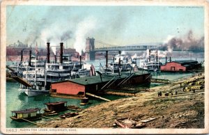 Postcard OH Cincinnati Along the Levee Steamboats Docks River Bridge 1909 B5