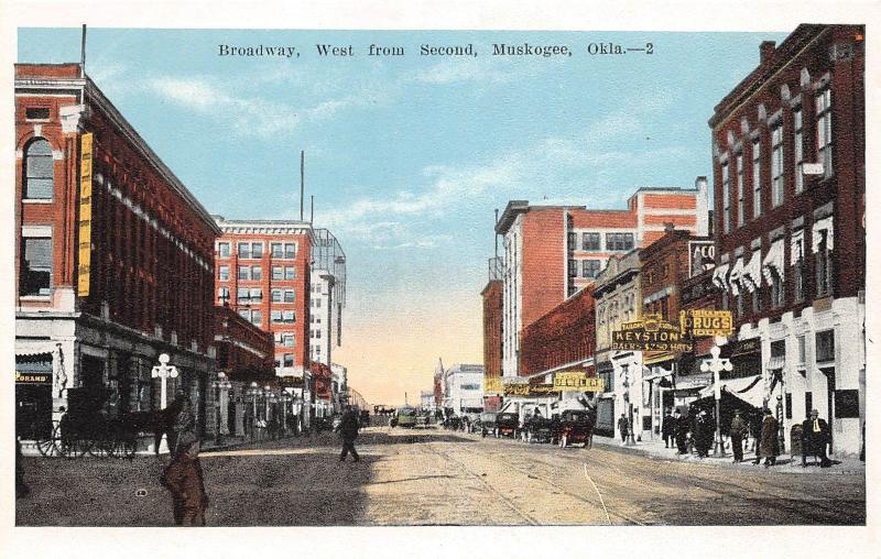 C31/ Muskogee Oklahoma Ok Postcard c1915 Broadway West Second Stores Autos