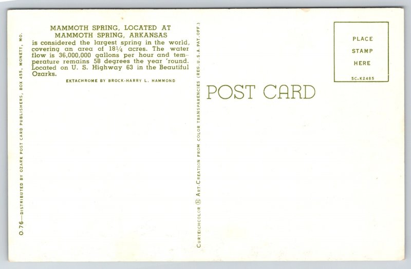 Mammoth Spring Arkansas~Mammoth Spring & Sign~Ozarks~1955 Postcard