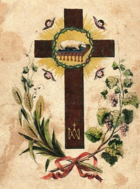 1880s Religious Lith & Kunsth German Cross Lamb P222