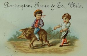 1880's Darlington Runk & Co. Boy Riding Wild Boar Pig, Boy Holding Rope P79