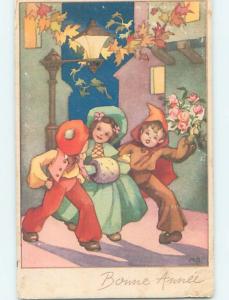 1948 foreign signed BOYS WALKING BY GIRL WITH MUFF HAND WARMER HL8447