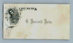 1875 New Year's Card Lovely Young Lady Looking Out Door Fab! P161