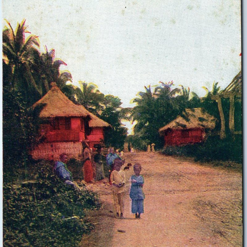 c1910s San Nichola, Cebu, Philippines Nipa Hut Village Dirt Road Palm Trees A351