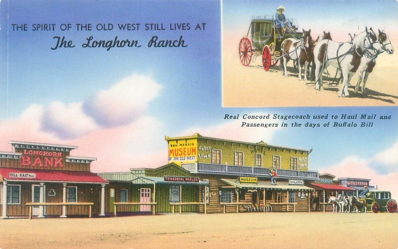 New Mexico Highway 66 Longhorn Ranch, Stagecoach Insert Vintage Chrome Postcard