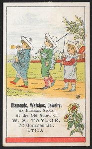 VICTORIAN TRADE CARD Taylor Diamonds Watches & Jewelry Three Kids With Paper Hat