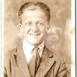 c1920 Sharp Handsome Smiling Young Man RPPC Big Head Teeth Happy Portrait A151