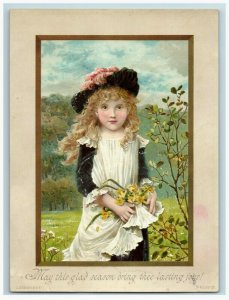 1880's-90's Victorian Card Spring Poem Adorable Girl Daffodils 7U