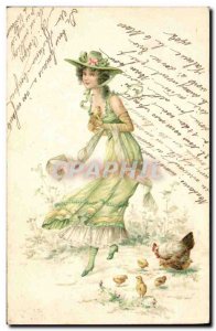 Old Postcard Fantasy Illustrator Woman Hen