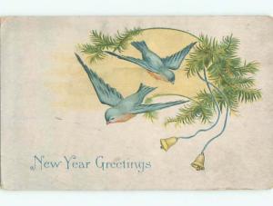 Unused Pre-Linen new year BEAUTIFUL BLUE BIRDS AT BELLS HANGING FROM TREE k4983