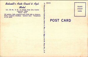 Linen Postcard Bidwell's Auto Court & Apartment Motel Pocatello, Idaho~139587