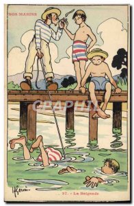 Old Postcard Boat War Sailors Illustrator Gervese Swimming