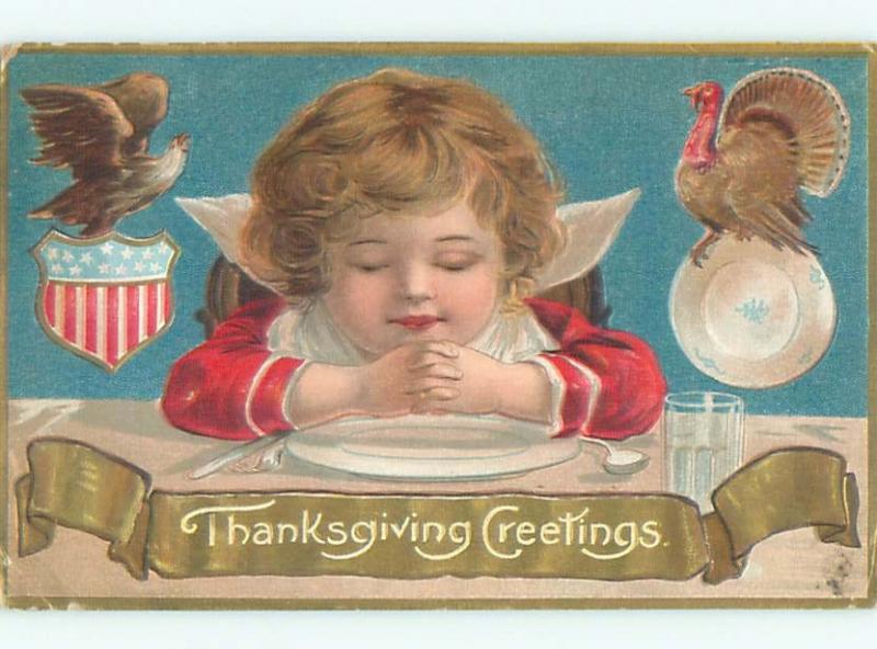 Pre-Linen thanksgiving patriotic EAGLE ON SHIELD PLUS CHILD & TURKEY W7041