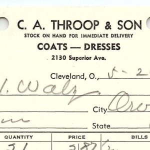 1939 C.A. THROOP & SON COATS-DRESSES CLEVELAND OHIO BILLHEAD STATEMENT Z3447