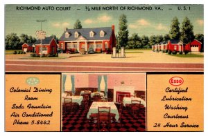Vintage Richmond Auto Court, Soda Fountain, Esso Lube, Richmond, VA Postcard