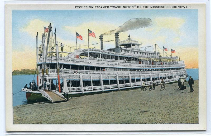 Excursion Steamer Washington Mississippi River Quincy Illinois 1920c postcard