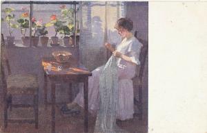 Papp E. hungarian artist early art postcard woman sewing