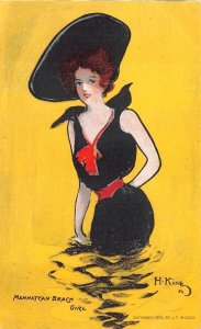MANHATTAN BEACH GIRL NEW YORK H. KING ARTIST SIGNED POSTCARD (1907)