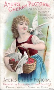 Trade Card - Ayer's Cherry Pectoral - woman with doves and basket of cherries