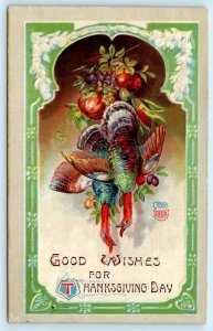 GOOD WISHES for THANKSGIVING DAY Embossed 1910 Turkeys Pretty Border Postcard