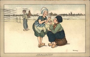 Florence Hardy Folk Art Boy Watches Dutch Boy and Girl Jealousy c1910 Postcard