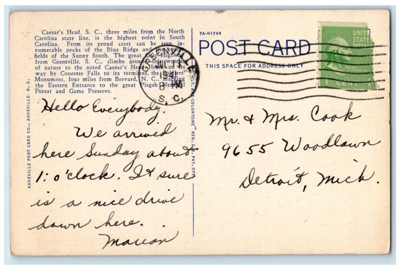 1941 Curve Geer Scenic Highway Ceasar's Head Greenville SC & Brevard NC Postcard 