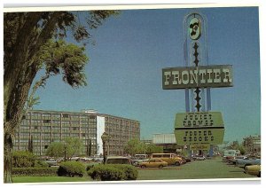 Frontier Hotel Las Vegas Postcard w Old Cars Sign Juliet Prowse Foster Brooks