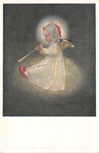 Lot341 child angel playing flute austria josef bachlechner art posctard painting