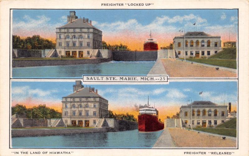 SAULT STE MARIE MICHIGAN~FREIGHTER LOCKED UP & RELEASED~DOUBLE IMAGE POSTCARD