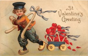 G2/ Valentine's Day Love Postcard c1910 Heart Wagon Wishbone Boy 15